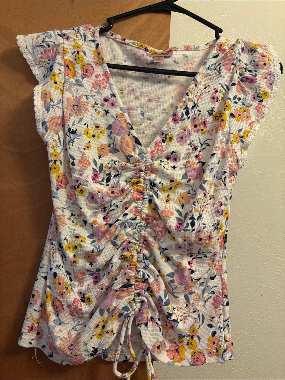 Floral Ruched V-Neck Women's Top - White with Pink & Yellow Floral